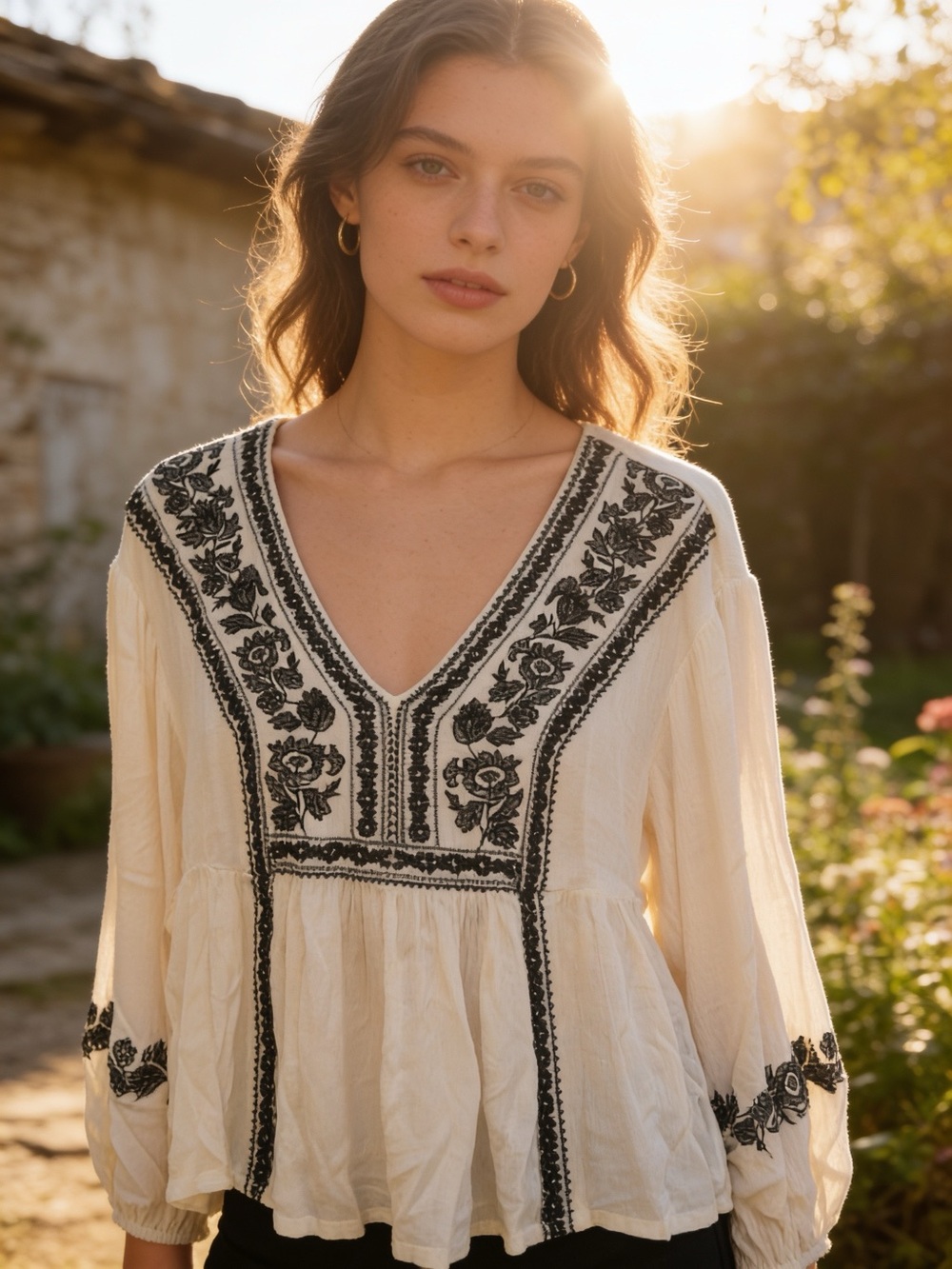 VENUS Cream Peasant Tunic with Black Floral Embroidery